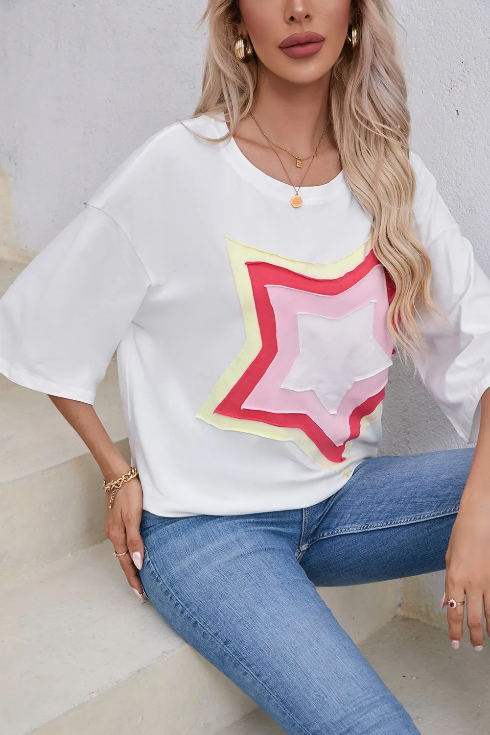 Women's Colorblock Star Patched 3/4 Sleeve Oversized Tee