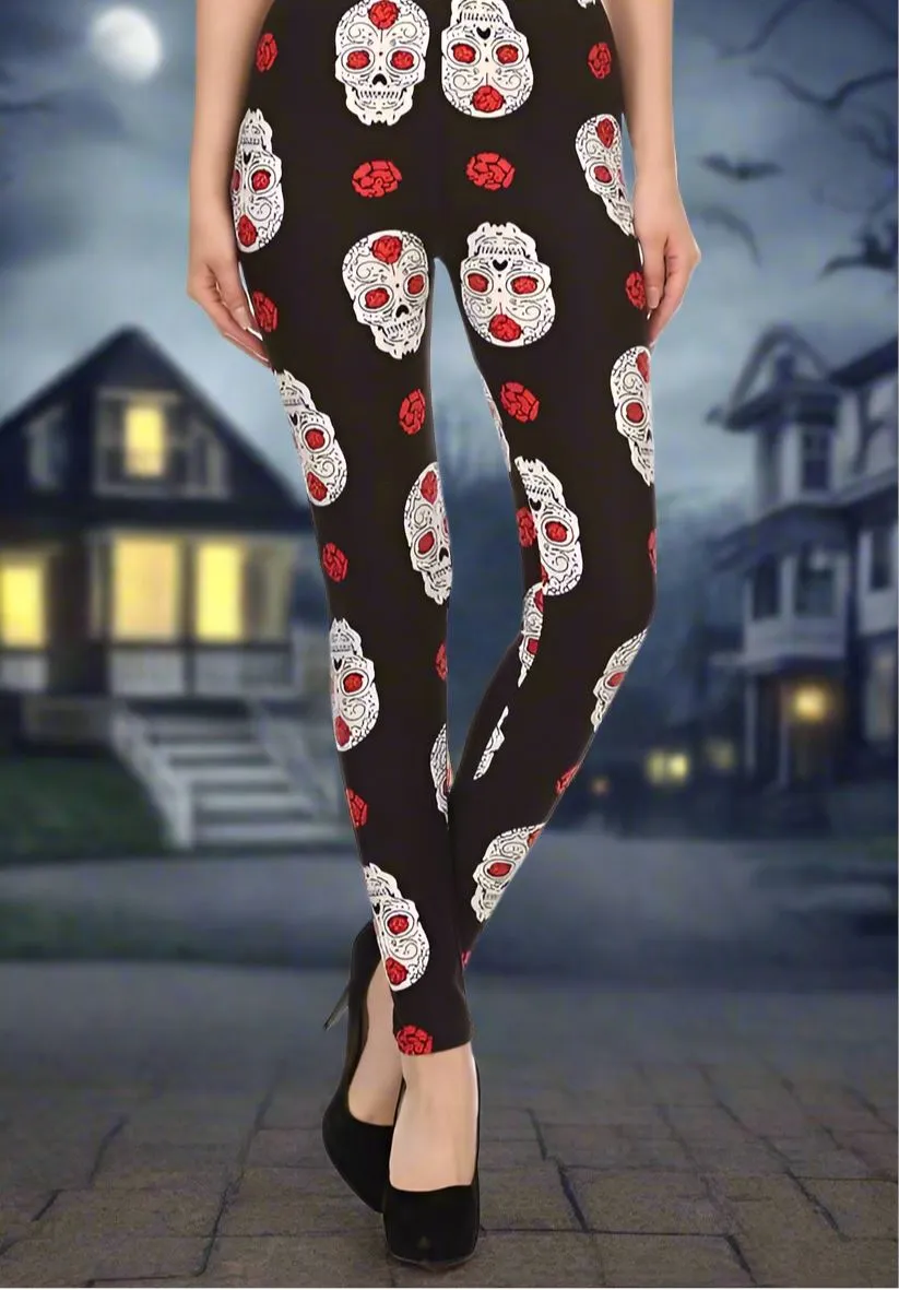 Womens Halloween Skull Rose Leggings, Kids Yoga Pants, Sizes 0-18, No-Roll Waist, Black/White