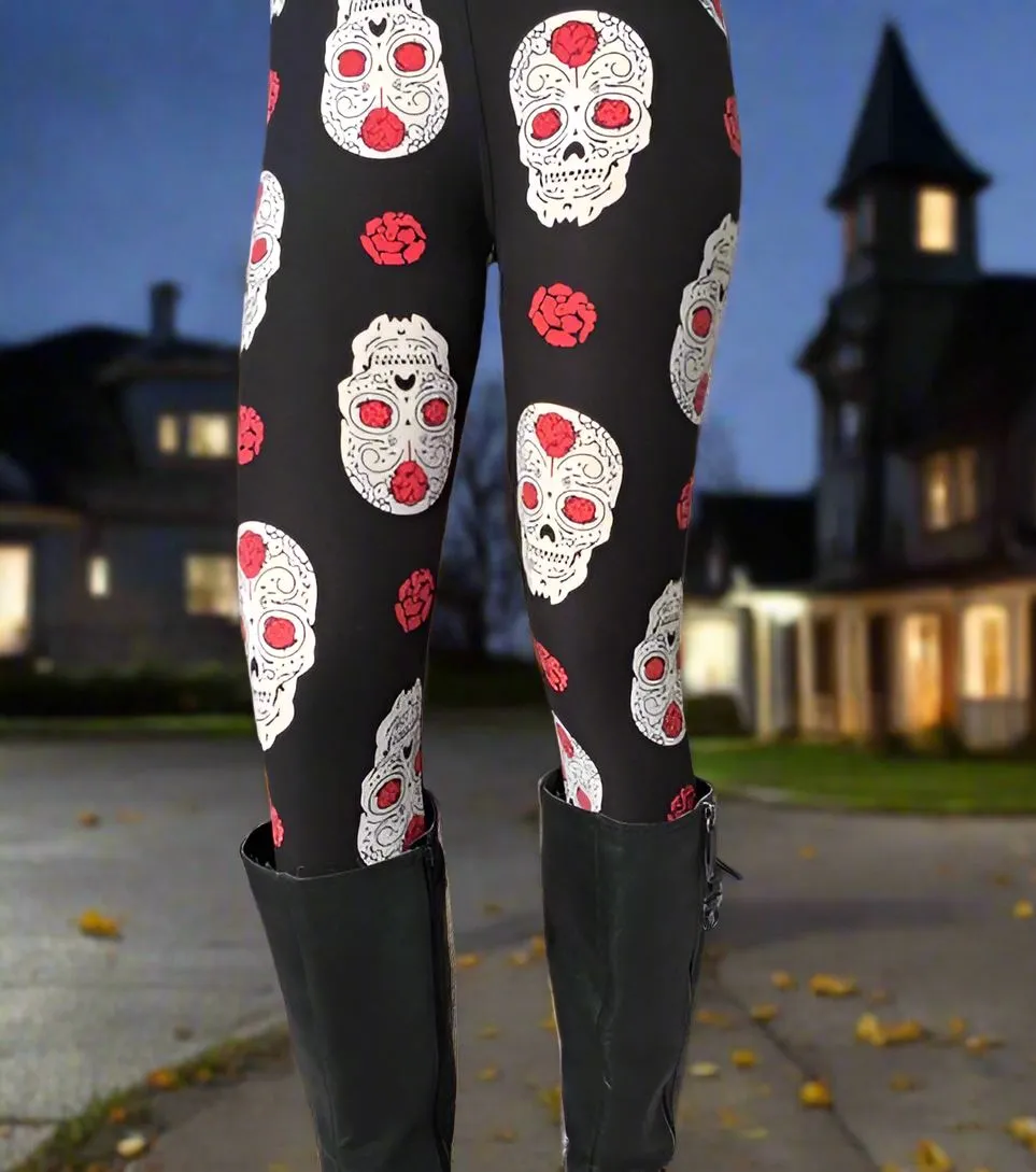 Womens Halloween Skull Rose Leggings, Kids Yoga Pants, Sizes 0-18, No-Roll Waist, Black/White