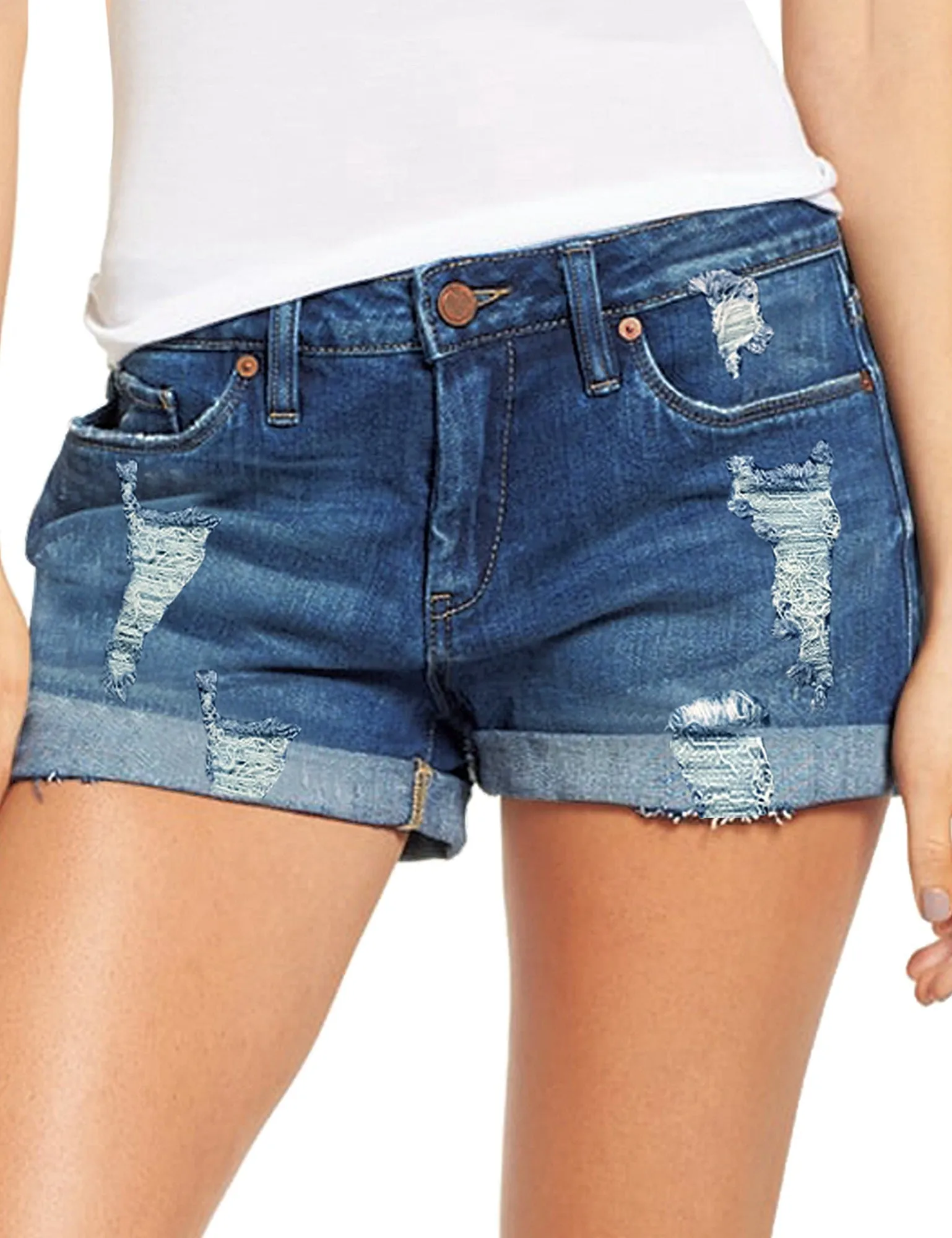 Women's High Waisted Distressed Jeans Ripped Rolled Hem Denim Shorts