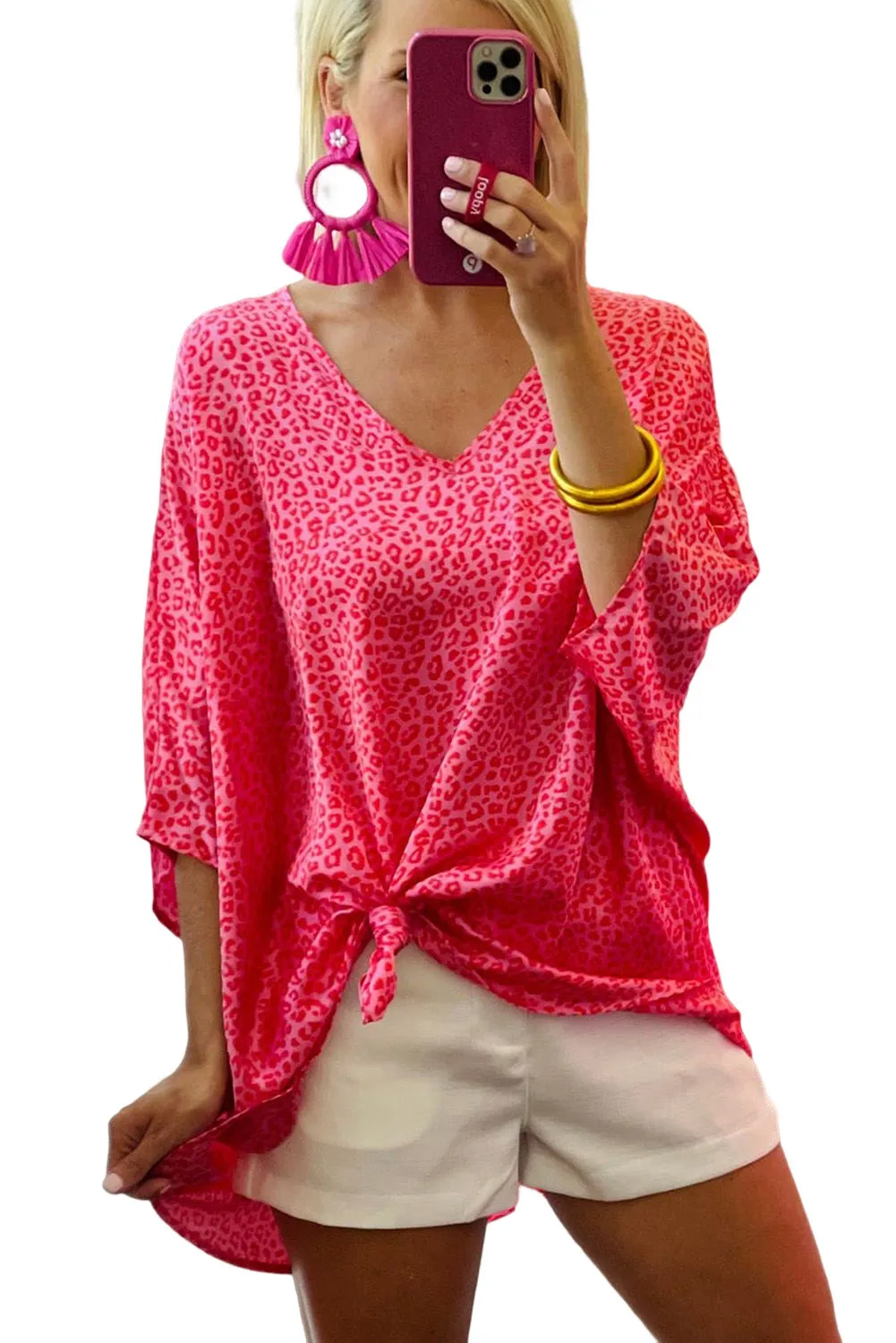 Women's Leopard Oversized Blouse Half Sleeve V Neck Top