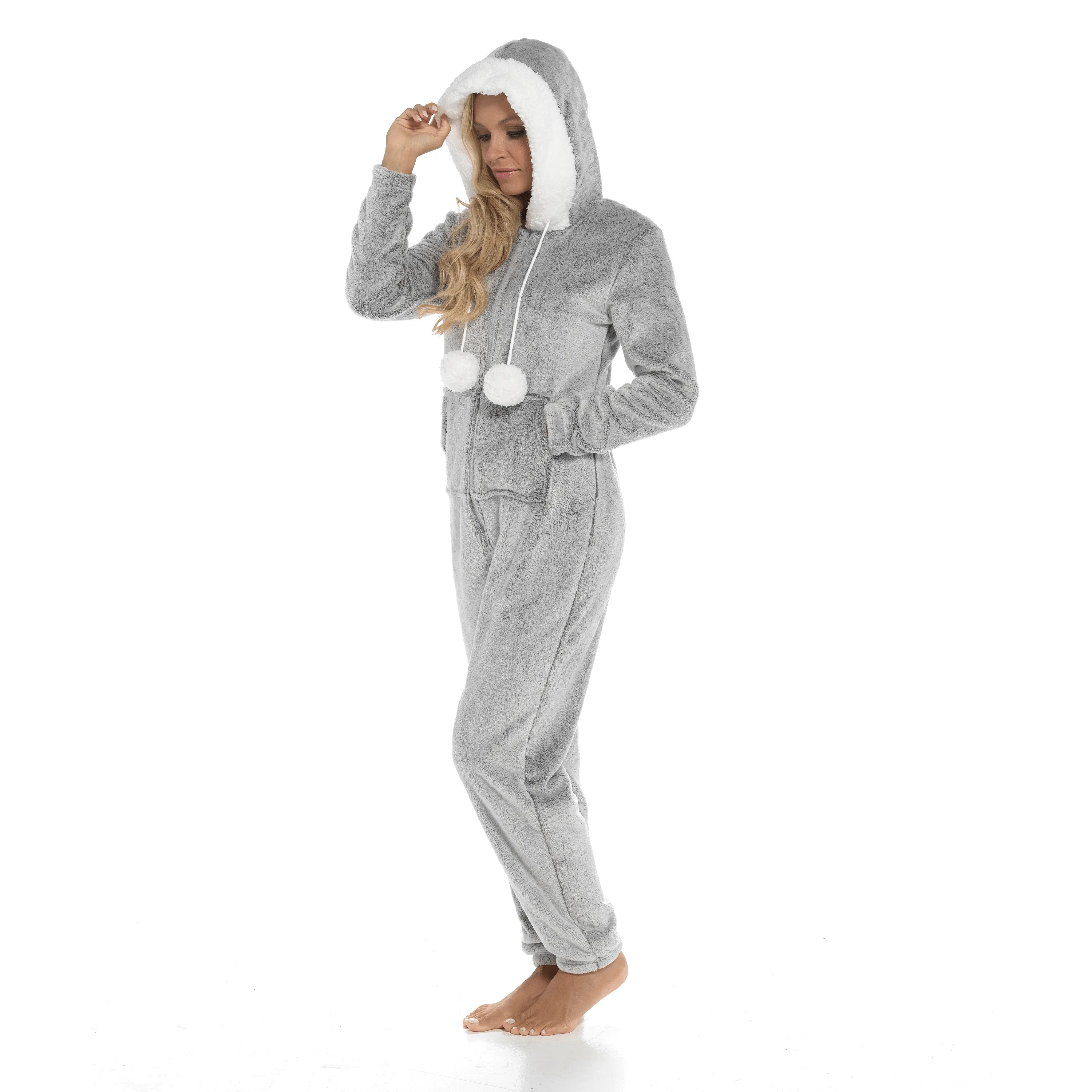 Women's Luxurious Shimmer Fleece Hooded Onesie with Zip Pockets and Pompoms Ultimate Comfort Sleepwear by Daisy Dreamer