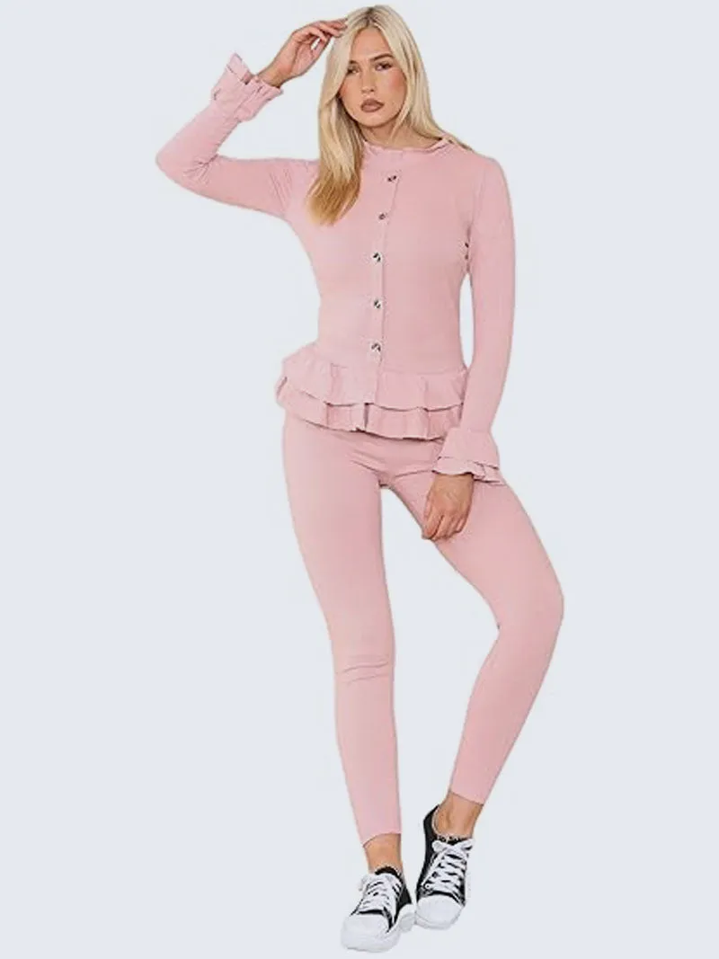 Women’s Ribbed Peplum Frill Gold Button Top and Legging Loungewear Suit