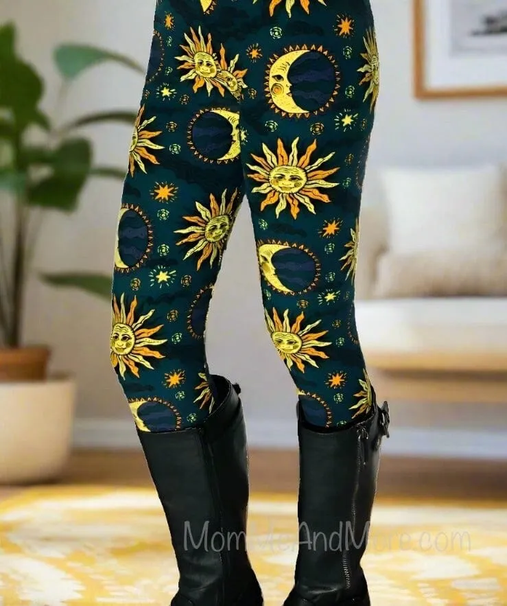 Womens Sun Moon Star Leggings, Soft Yoga Pants, Sizes 18-22, No-Roll Waist, Blue/Yellow