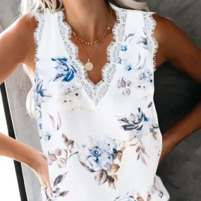 Women's V-Neck Lace Sleeveless Floral Print Tank Top