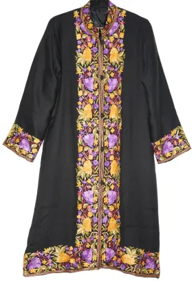 Woolen Coat Long Jacket Black, Multicolor Embroidery #BD-114