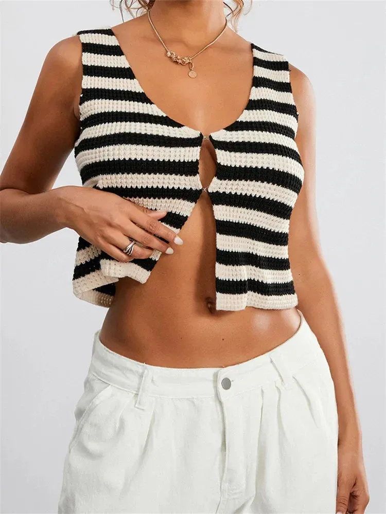 Y2K Knitted Striped Retro Sleeveless V-Neck Button Up Autumn Chic Club Cami Top